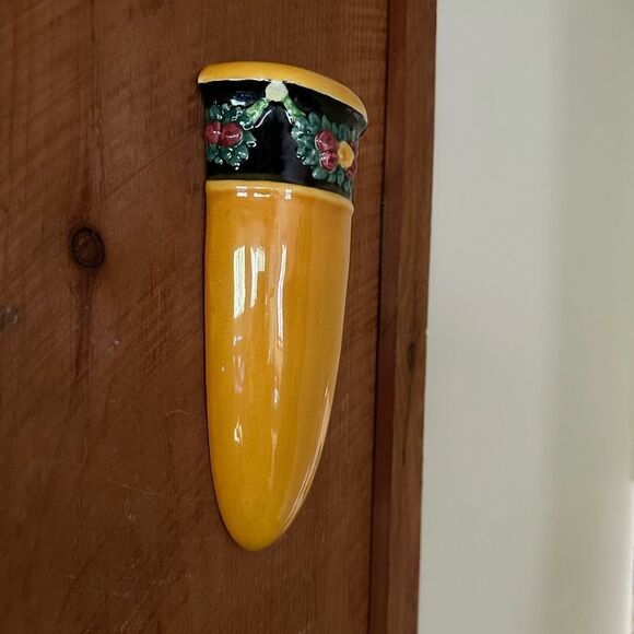 Vintage Yellow Ceramic Wall Vase with Floral Swag  Design - Picture 2 of 9